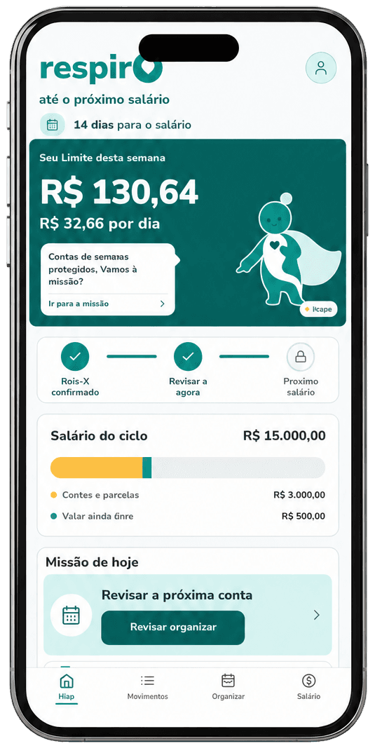 Celular moderno exibindo o limite semanal e o valor livre por dia no Respiro