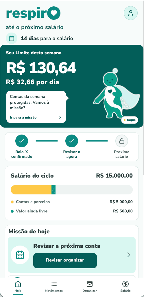 Tela Hoje do Respiro mostrando contas protegidas e limite diário